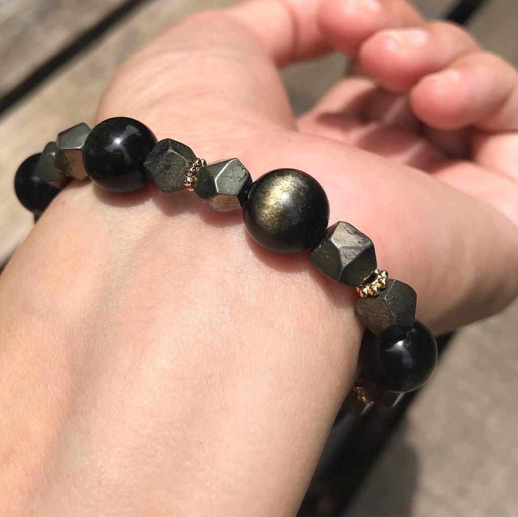 辉く 天然石 黄鉄鉱 ゴールデンシャインオブシディアン 五芒星ブレスレット