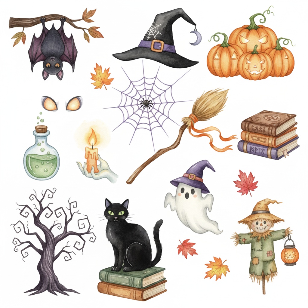 【水彩画風】ハロウィン クリップアート素材集(PNG形式)