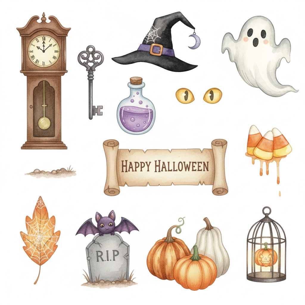 【水彩画風】ハロウィン クリップアート素材集(PNG形式)