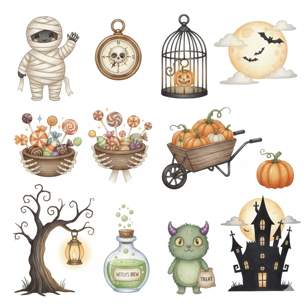 【水彩画風】ハロウィン クリップアート素材集(PNG形式)