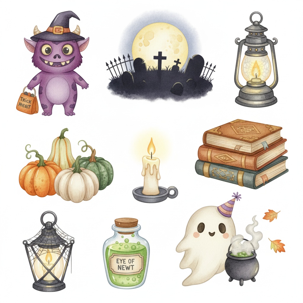 【水彩画風】ハロウィン クリップアート素材集(PNG形式)