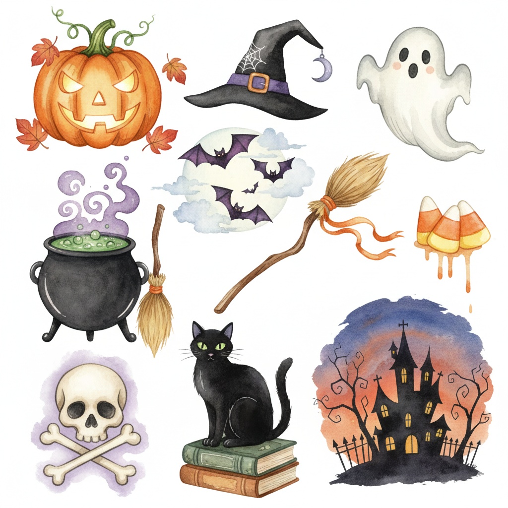 【水彩画風】ハロウィン クリップアート素材集(PNG形式)