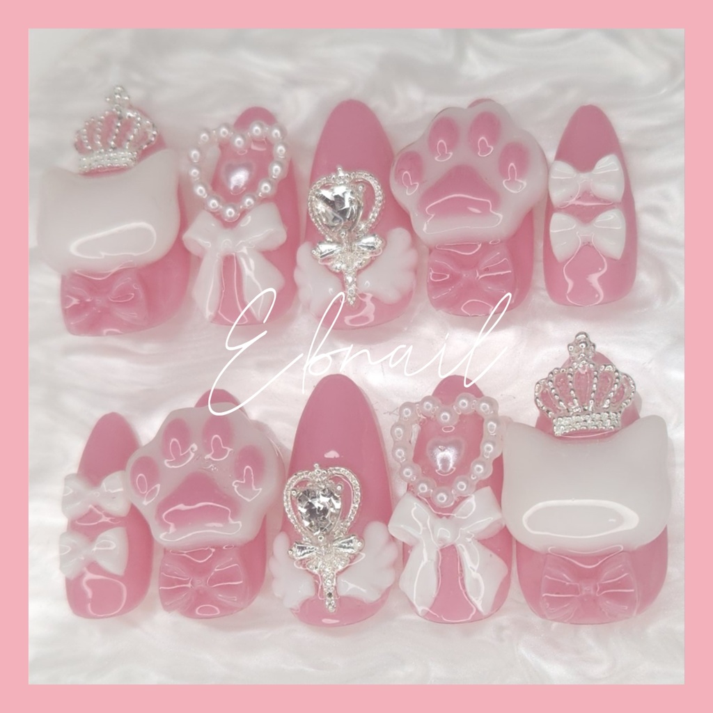 【現品】ネイルチップ ミディアムアーモンド チェリーピンク 量産型 地雷系 サブカル ガーリー 天使界隈 ねこ 肉球 リボン ハート