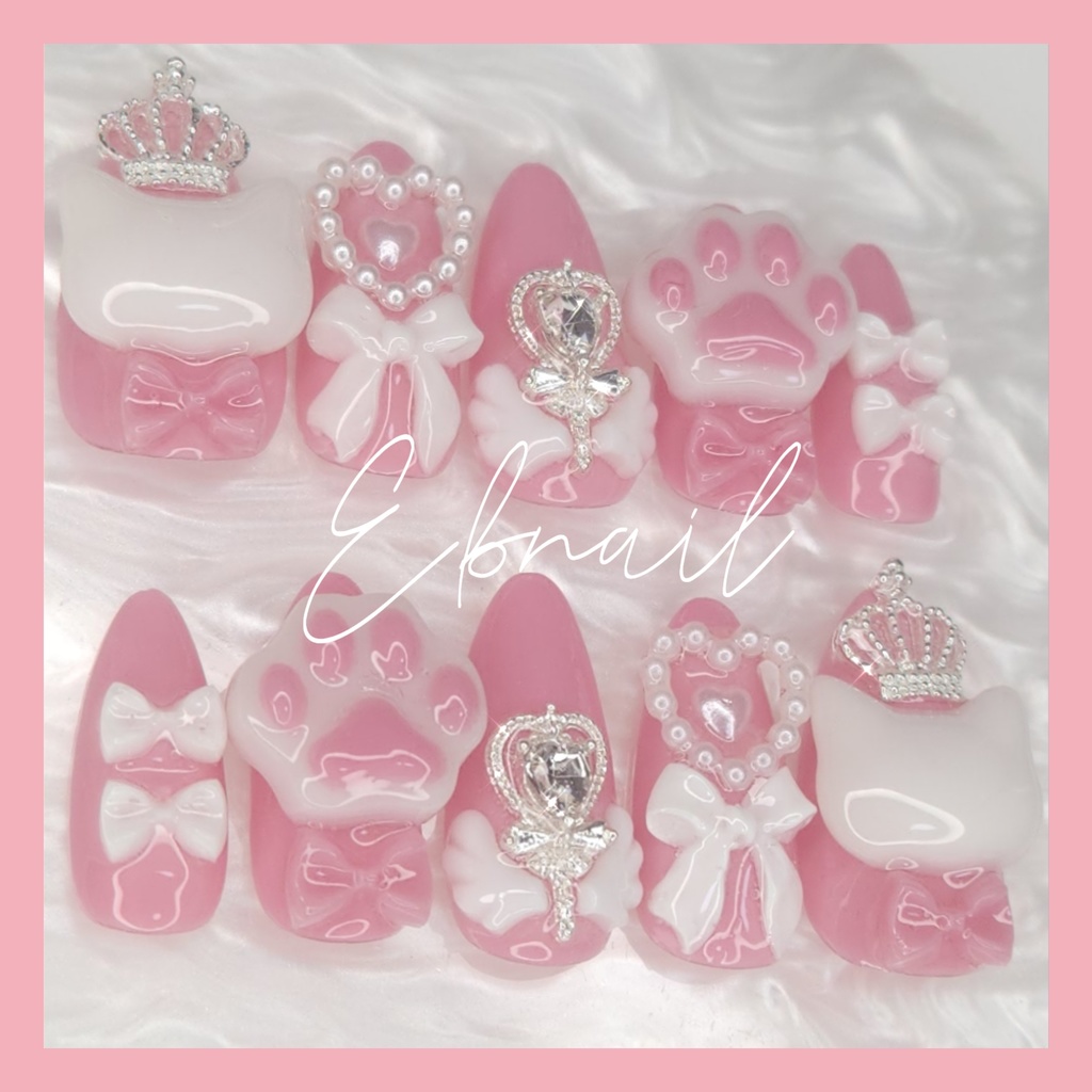 ネイルチップ チェリーピンク 量産型 地雷系 サブカル ガーリー 天使界隈 ねこ 肉球 リボン ハート