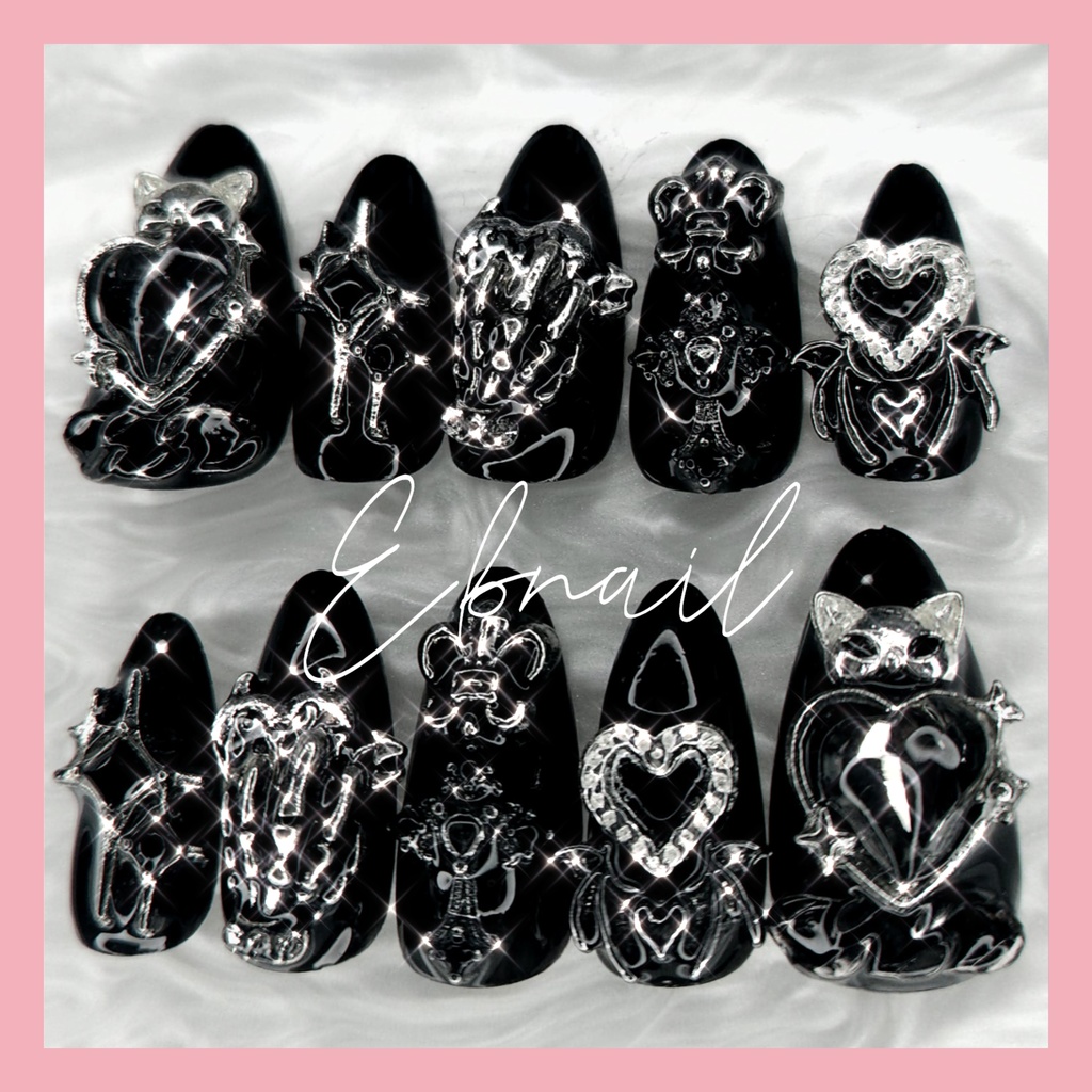 【現品】ネイルチップ ミディアムアーモンド シズニルック 地雷系 量産型 サブカル ガーリー 天使界隈 韓国 ゴテゴテ 病みカワ