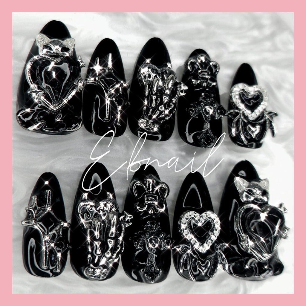 【現品】ネイルチップ ミディアムアーモンド シズニルック 地雷系 量産型 サブカル ガーリー 天使界隈 韓国 ゴテゴテ 病みカワ