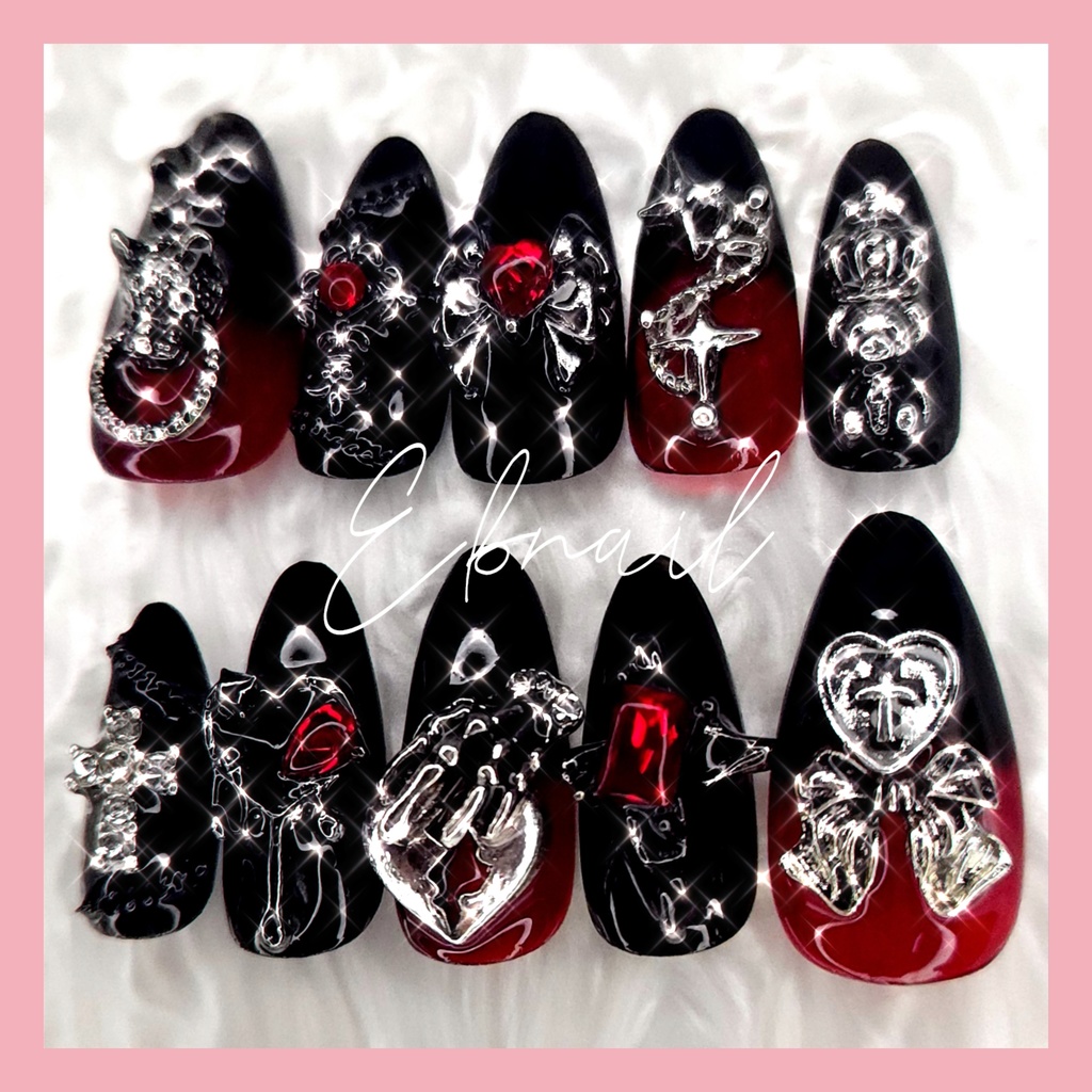 【現品】ネイルチップ ミディアムアーモンド 地雷系 ゴシック 病みカワ サブカル ゴテゴテ