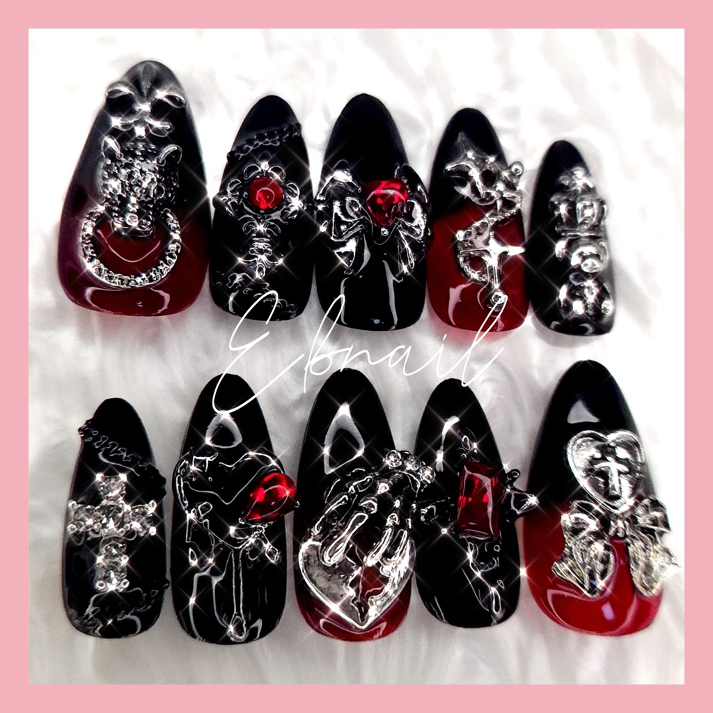【現品】ネイルチップ ミディアムアーモンド 地雷系 ゴシック 病みカワ サブカル ゴテゴテ