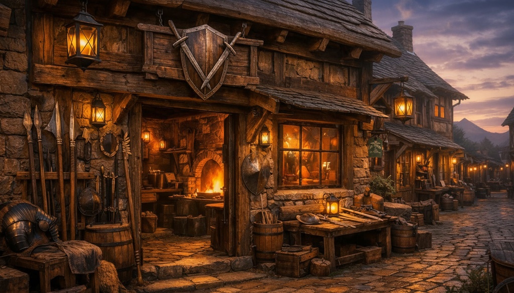 TRPG用背景素材「ファンタジー武器屋の外観セット」