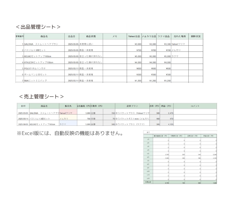 【フリマ出品が時短!】売上管理テンプレ×AI出品文自動作成セット|Excel版