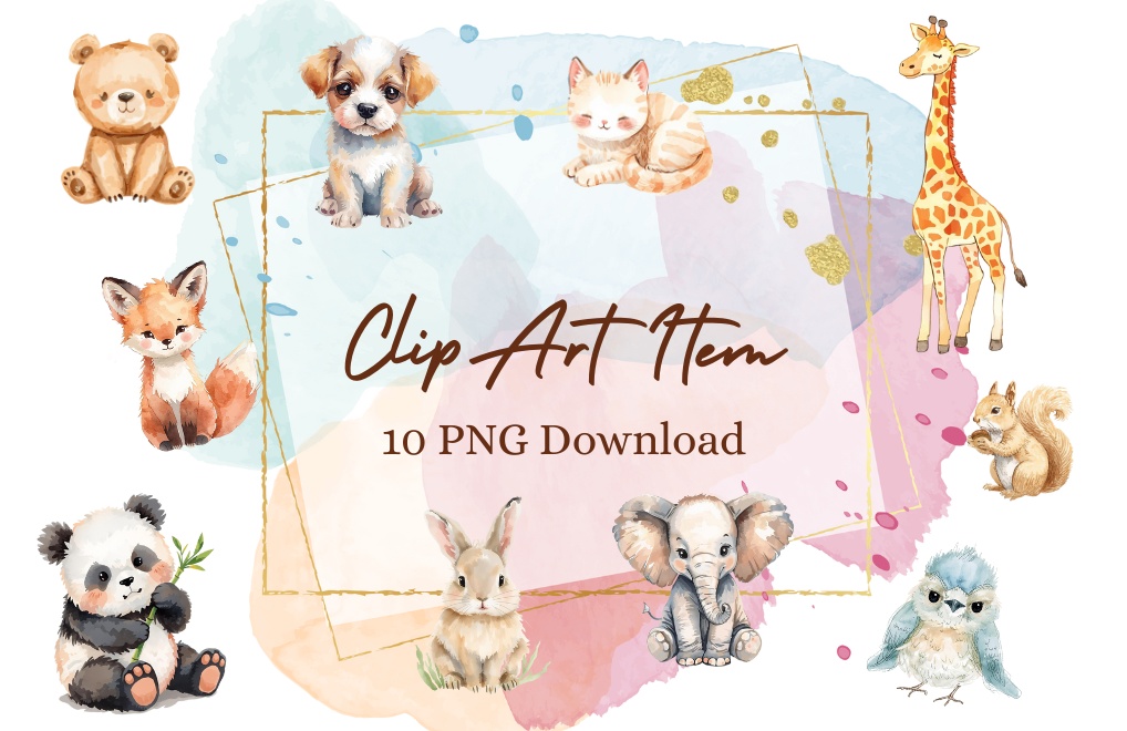 水彩風ゆるかわ動物クリップアート10種セット|ねこ・いぬ・うさぎ・くま・パンダなど