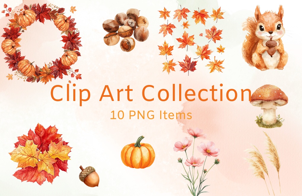 秋のぬくもりを感じる水彩クリップアートセット10個セット