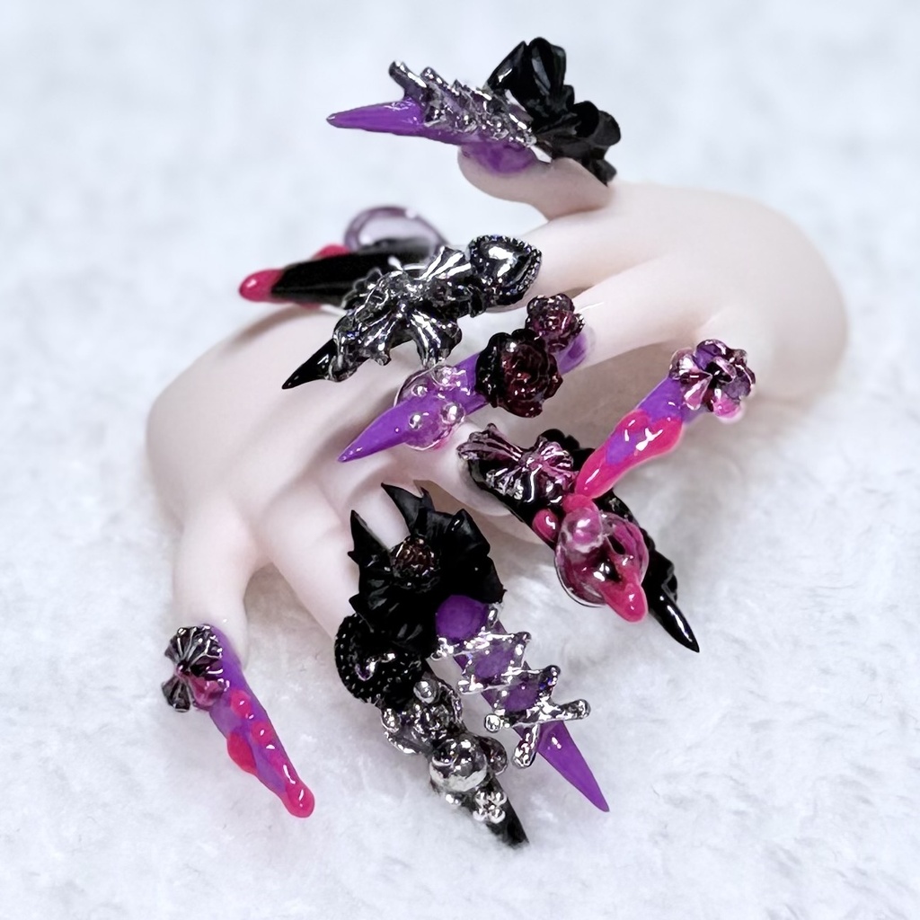 【MDDネイルハンド】ブラック×パープル×ネオンピンク ゴシック風_セミホワ
