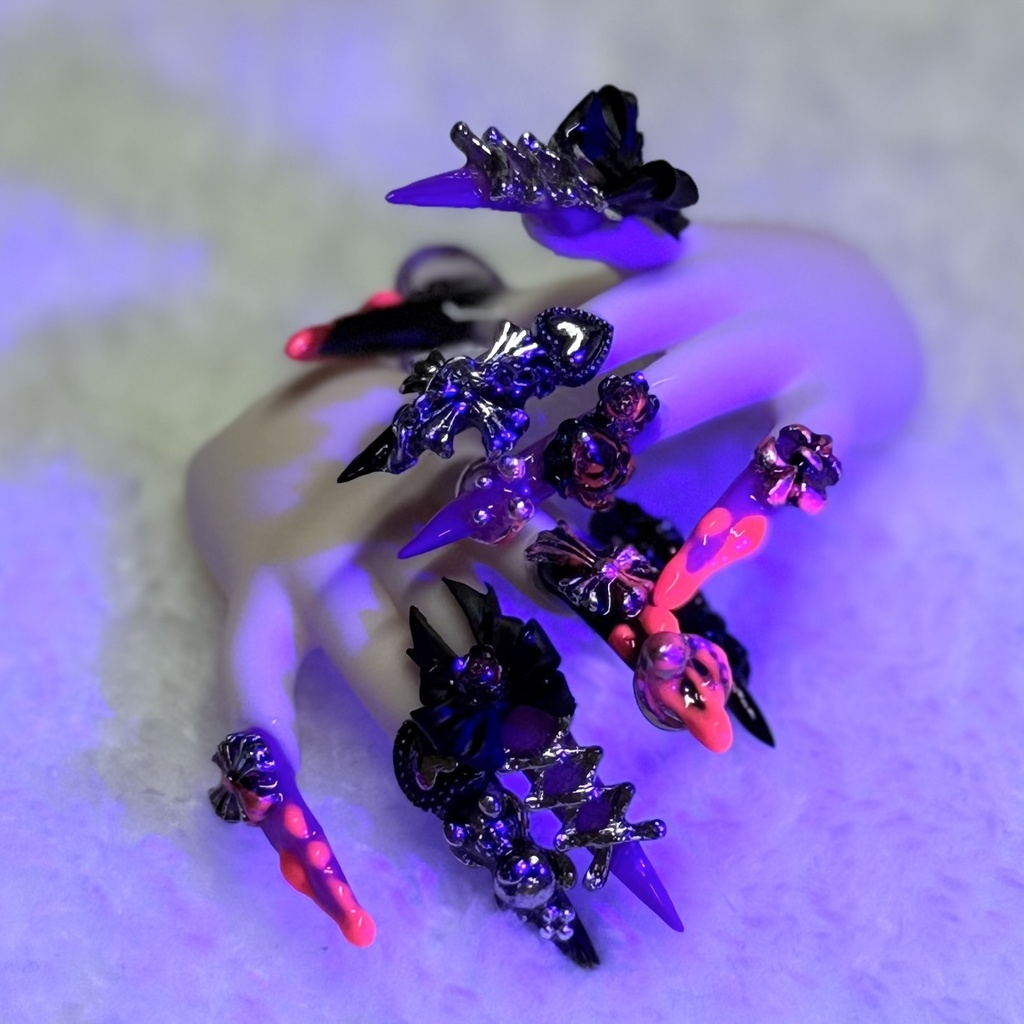 【MDDネイルハンド】ブラック×パープル×ネオンピンク ゴシック風_セミホワ