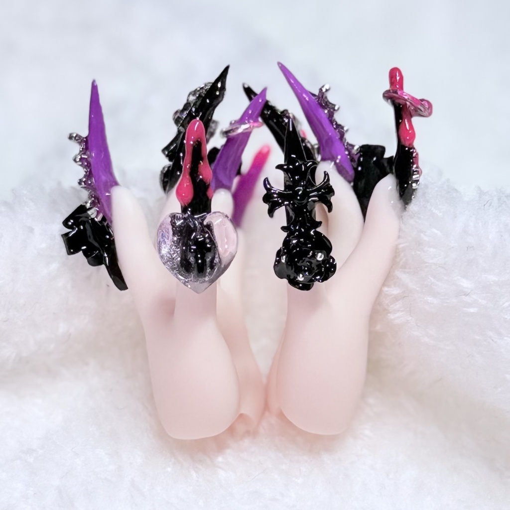 【MDDネイルハンド】ブラック×パープル×ネオンピンク ゴシック風_セミホワ