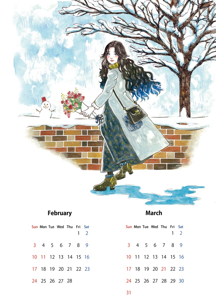 2018年 壁掛けカレンダー(A4サイズ🌸ファッションイラスト)