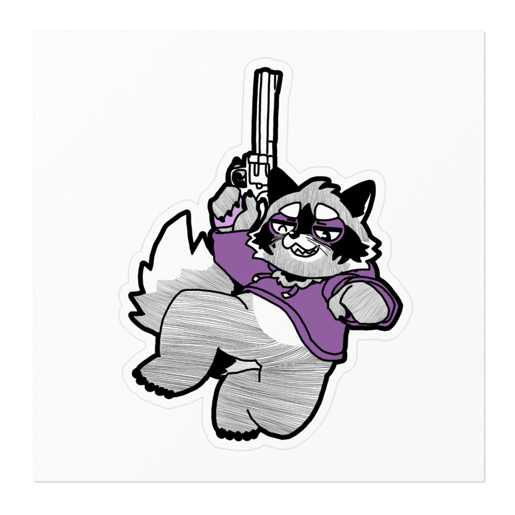 ビックマグナムで撃ち抜いて喜んでるアライグマのステッカー(ホワイトの縁 透明の縁)