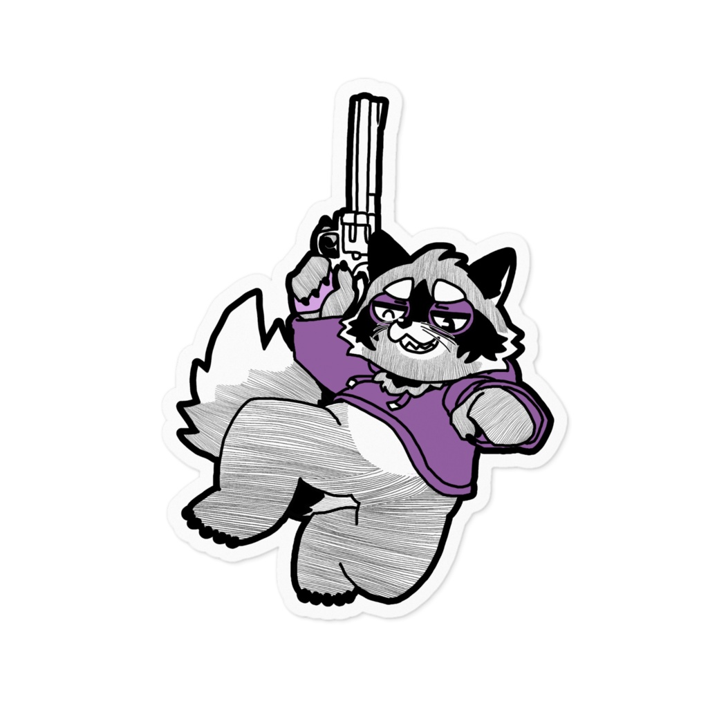 ビックマグナムで撃ち抜いて喜んでるアライグマのステッカー(ホワイトの縁 透明の縁)
