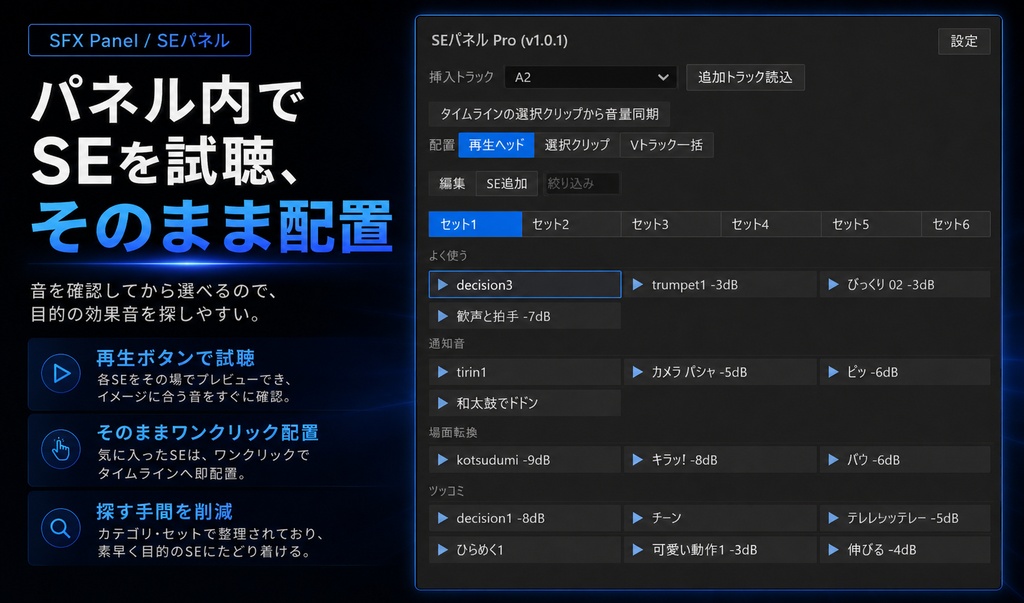 Premiere Pro用SEワンクリック配置プラグイン 「SEパネル / SFX Panel 」