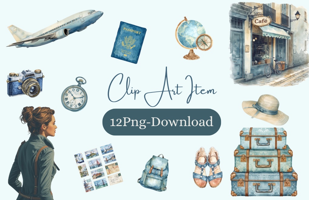 水彩ブルートラベル – 可愛いアンティーク風クリップアート[12点セット]PNG 形式