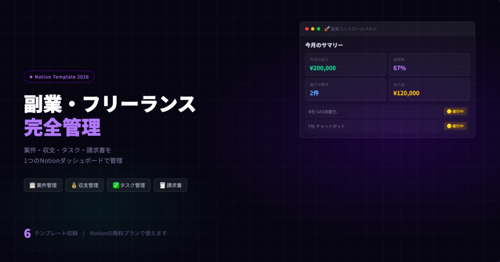【副業・フリーランス管理】Notionテンプレート｜案件・収支・タスク・請求書を1画面で管理