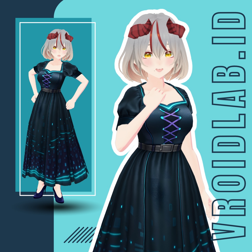 Neon Noir Dress | VRoid Studio Outfit | Cyber Anime Style | Virtual Fashion