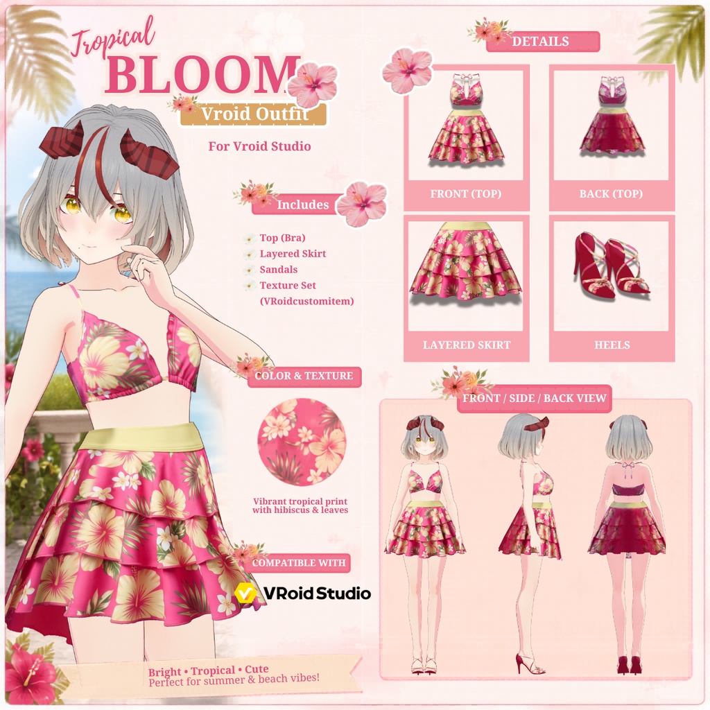 トロピカルブルームアウトフィット Tropical Bloom Outfit|Summer Outfit|Bikini Outfit| Sunset Outfit| Casual Outfit| VRoid Studio Outfit | Customitem| Vtuber Outfit | Virtual Fashion| Virtual Youtuber