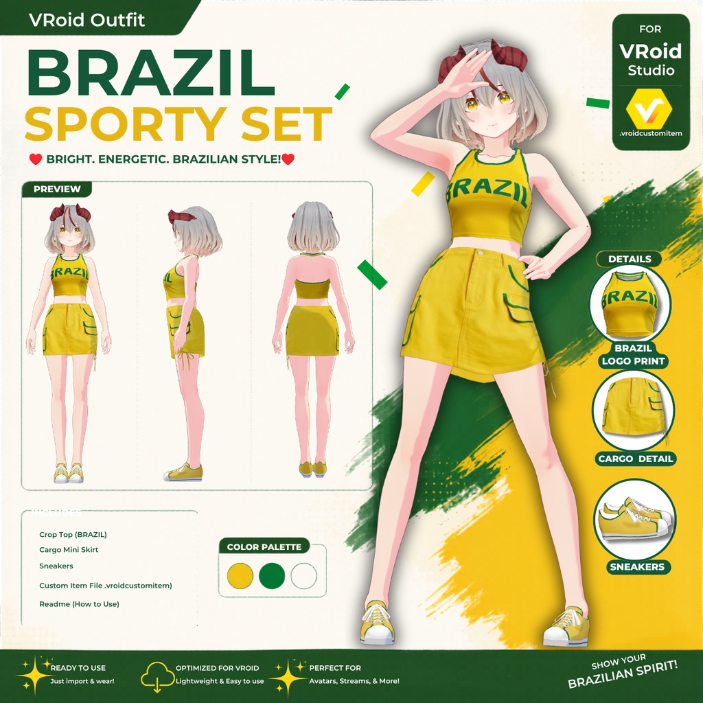 【VRoid正式版】VRoidっぽくないお肌2 垢抜け - Texture Outfit ブラジルの夏の雰囲気を演出 Brazilian Summer Vibes Set|Brazillian Outfit|Summer Outfit| Sporty Outfit| Casual Outfit|VRoidStudioOutfit |Customitem| VtuberOutfit