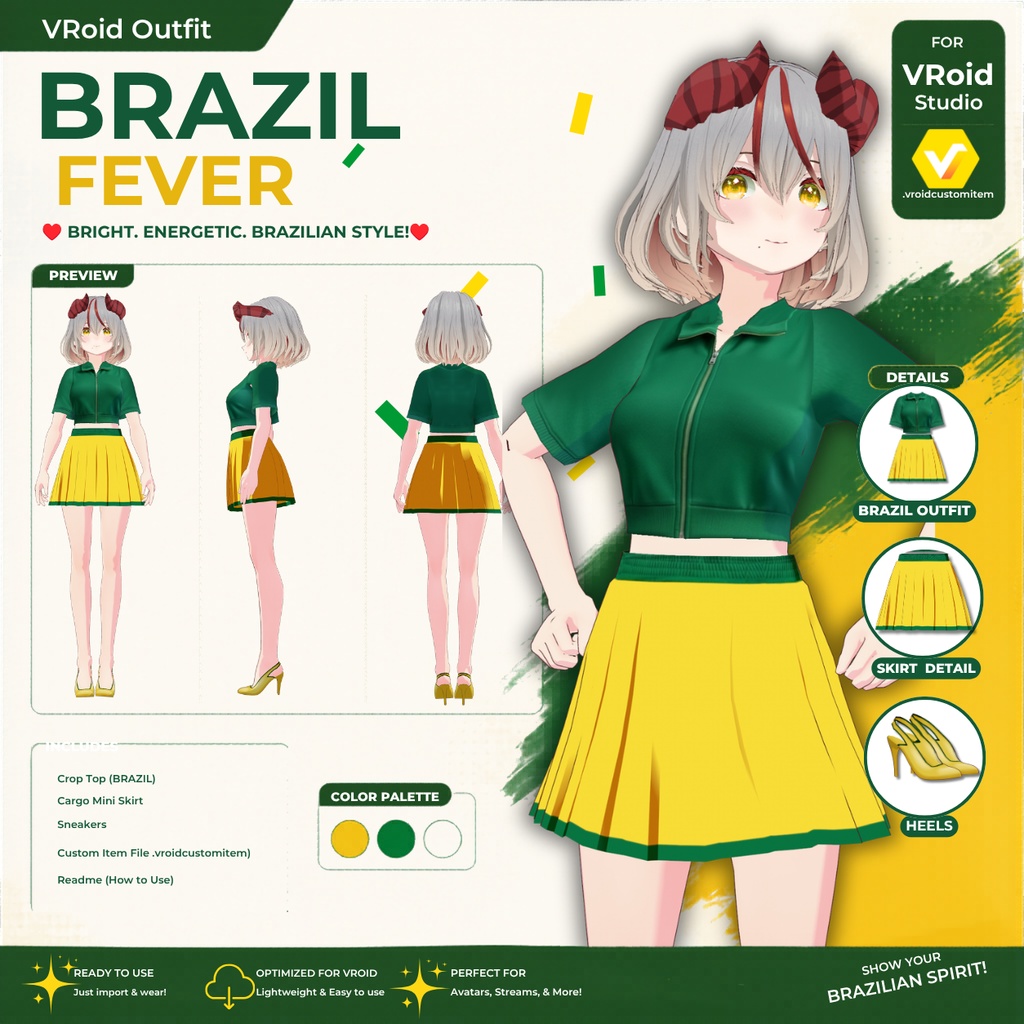【VRoid正式版】VRoidっぽくないお肌2 垢抜けブラジルフィーバー Brazil Fever Sporty Outfit| VRoid Studio Outfit | Customitem| Vtuber Outfit | Virtual Fashion| Virtual Youtuber| Sport Outfit