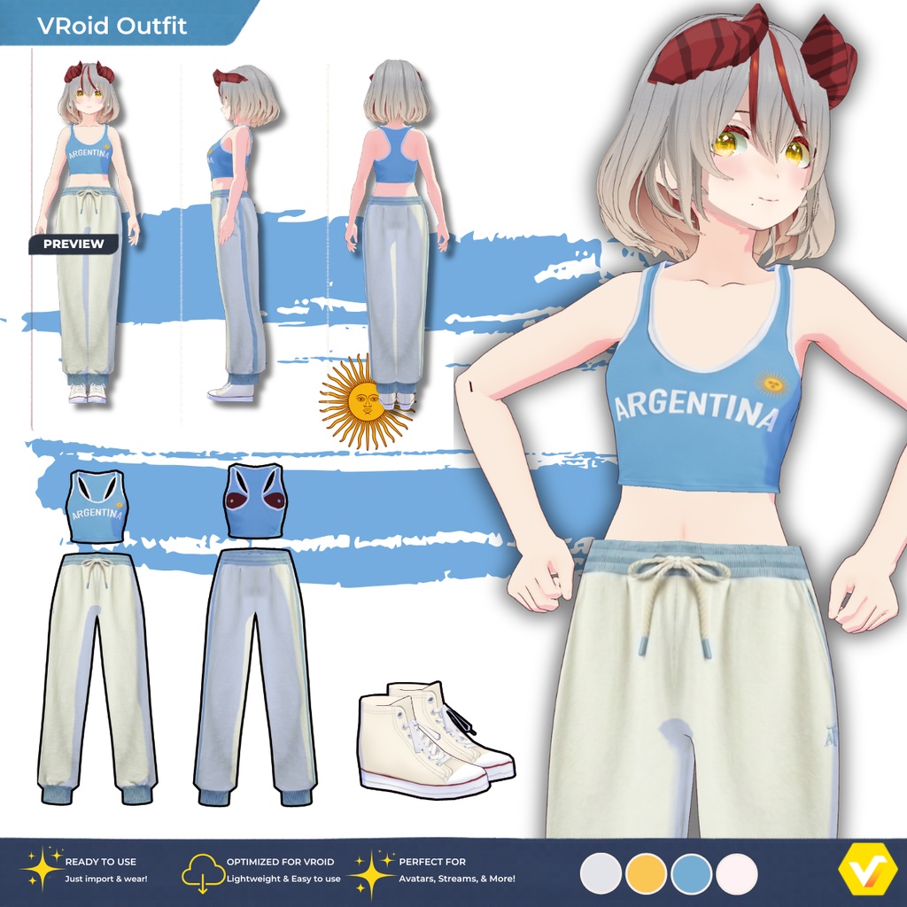 【VRoid正式版】Argentine Summer Casual|SetVRoid Studio Outfit | Customitem| Sporty Outfit| Argentina Set Outfit|Vtuber Outfit | Virtual Fashion| Virtual Youtuber| Sport Outfit