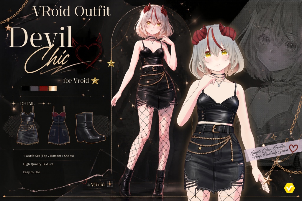 【VRoid正式版】ブラックハートデビルアウトフィット Black Heart Devil Outfit| Gothic Set VRoid Studio Outfit | Customitem| Edgy Outfit| Chic Set Outfit|Vtuber Outfit | Virtual Fashion| Virtual Youtuber| Sport Outfit
