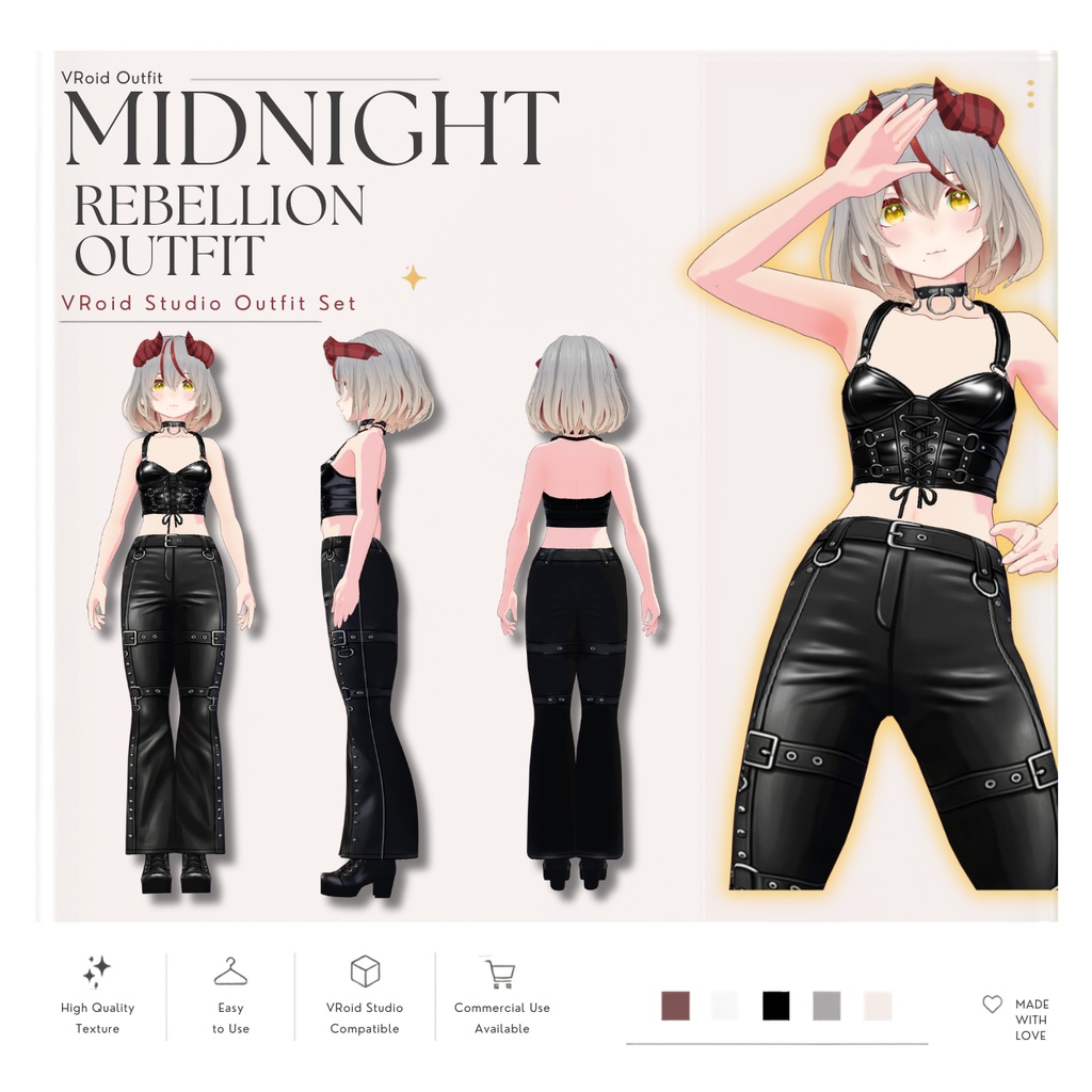 【VRoid正式版】Midnight Rebellion Outfit| Gothic Set VRoid Studio Outfit | Customitem| Edgy Outfit| Chic Set Outfit|Vtuber Outfit | Virtual Fashion| Virtual Youtuber| Sport Outfit