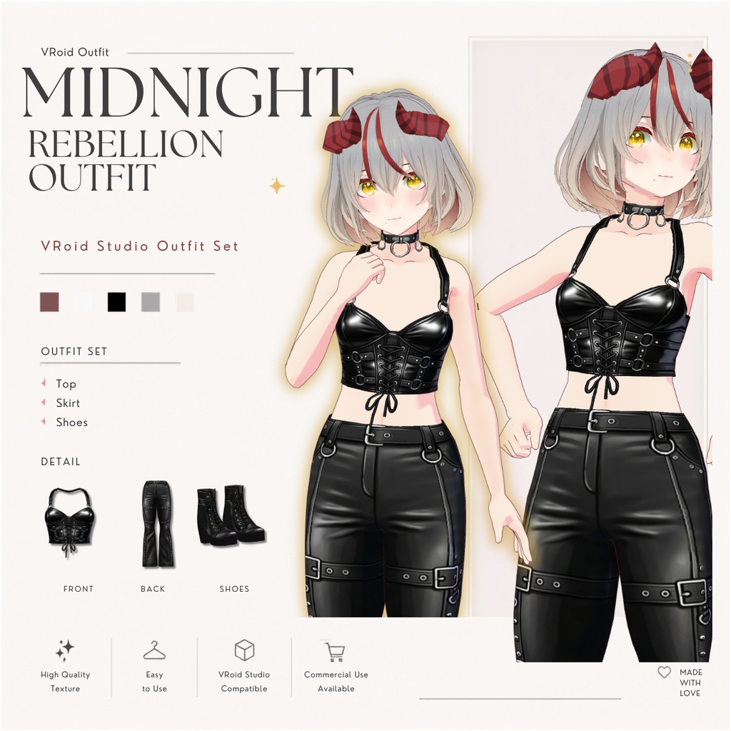 【VRoid正式版】Midnight Rebellion Outfit| Gothic Set VRoid Studio Outfit | Customitem| Edgy Outfit| Chic Set Outfit|Vtuber Outfit | Virtual Fashion| Virtual Youtuber| Sport Outfit