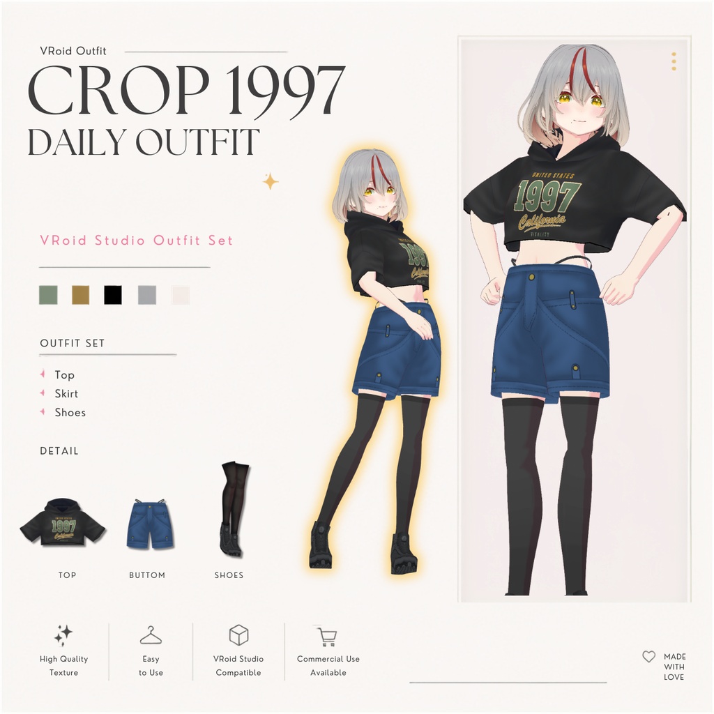 Crop 1997 Daily Outfit – VRoid Studio向けヴィンテージストリートウェアセット