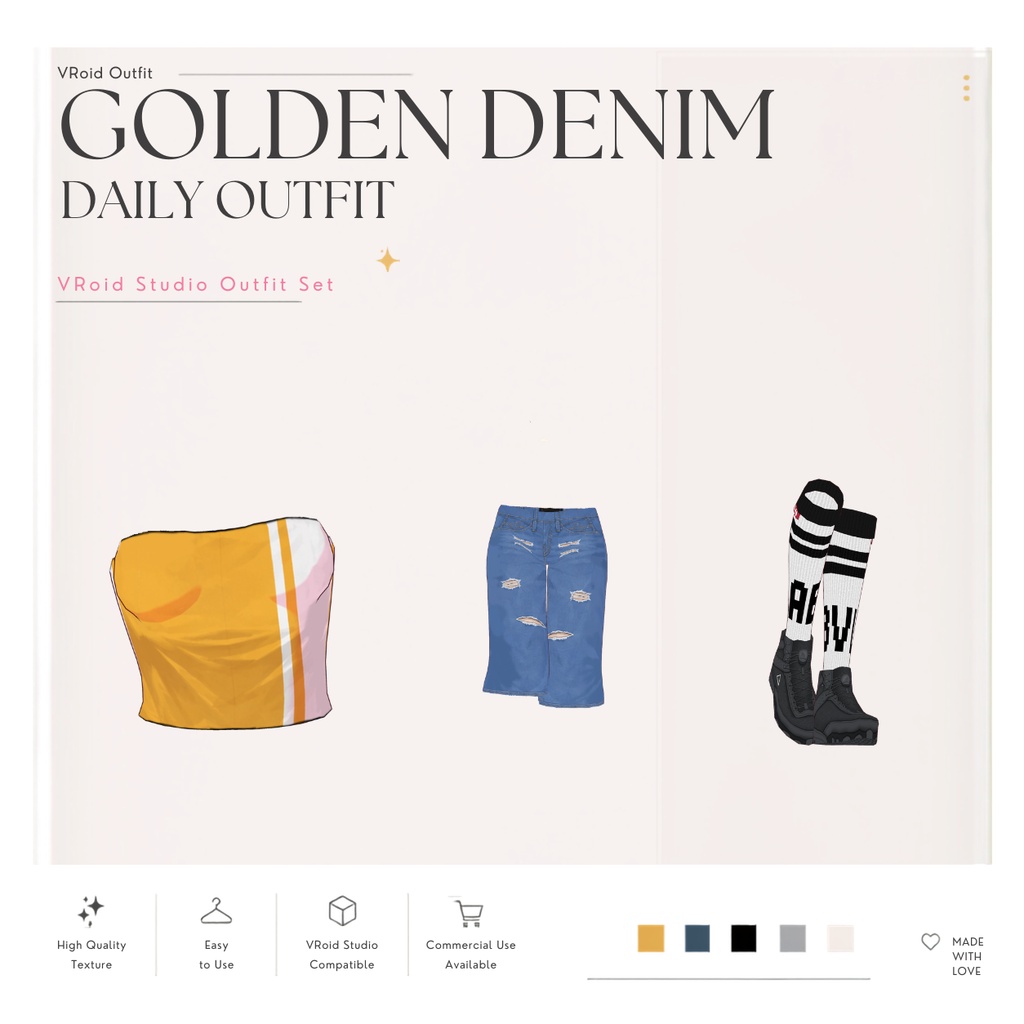 Golden Denim Daily Outfit – VRoid Studio向けカジュアルストリートウェアセット