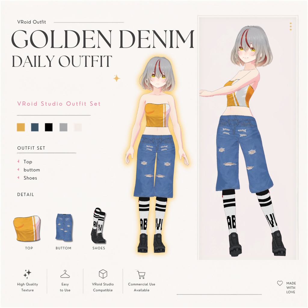 Golden Denim Daily Outfit – VRoid Studio向けカジュアルストリートウェアセット