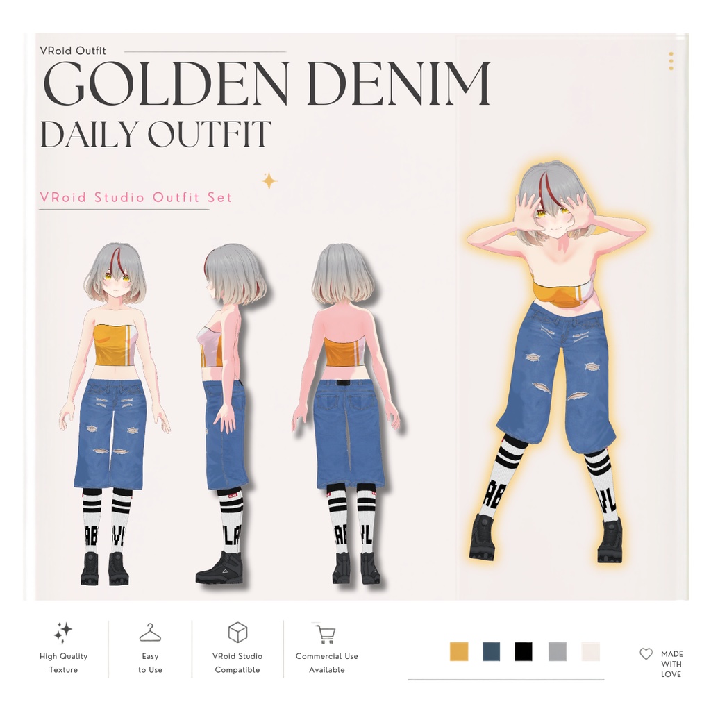 Golden Denim Daily Outfit – VRoid Studio向けカジュアルストリートウェアセット