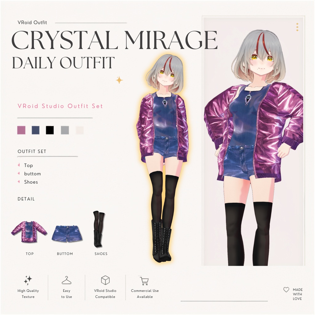 Crystal Mirage Daily Outfit – VRoid Studio向けグラムストリートファッションセット