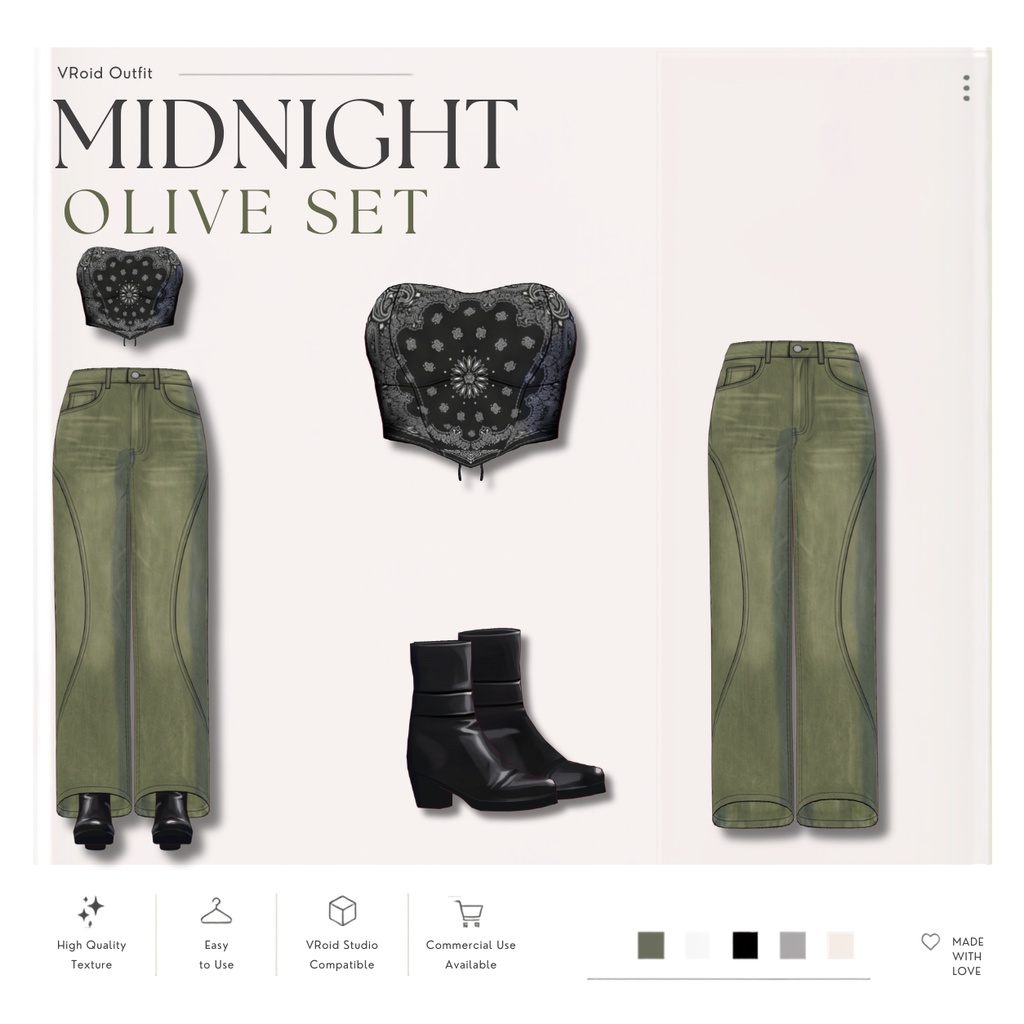 【VRoid正式版】Midnight Olive Set|Daily Set VRoid Studio Outfit | Customitem| Edgy Outfit| Chic Set Outfit|Vtuber Outfit | Virtual Fashion| Virtual Youtuber| Sport Outfit