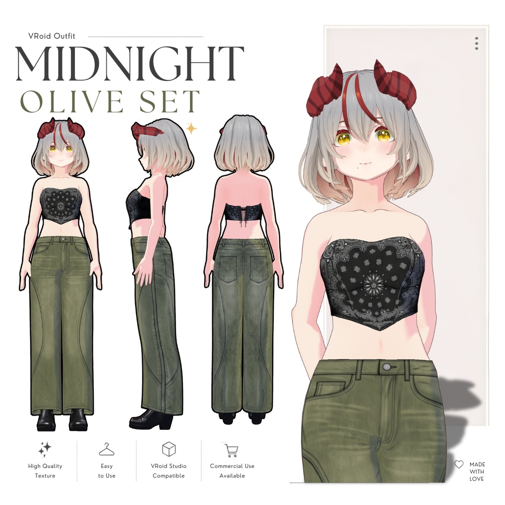 【VRoid正式版】Midnight Olive Set|Daily Set VRoid Studio Outfit | Customitem| Edgy Outfit| Chic Set Outfit|Vtuber Outfit | Virtual Fashion| Virtual Youtuber| Sport Outfit