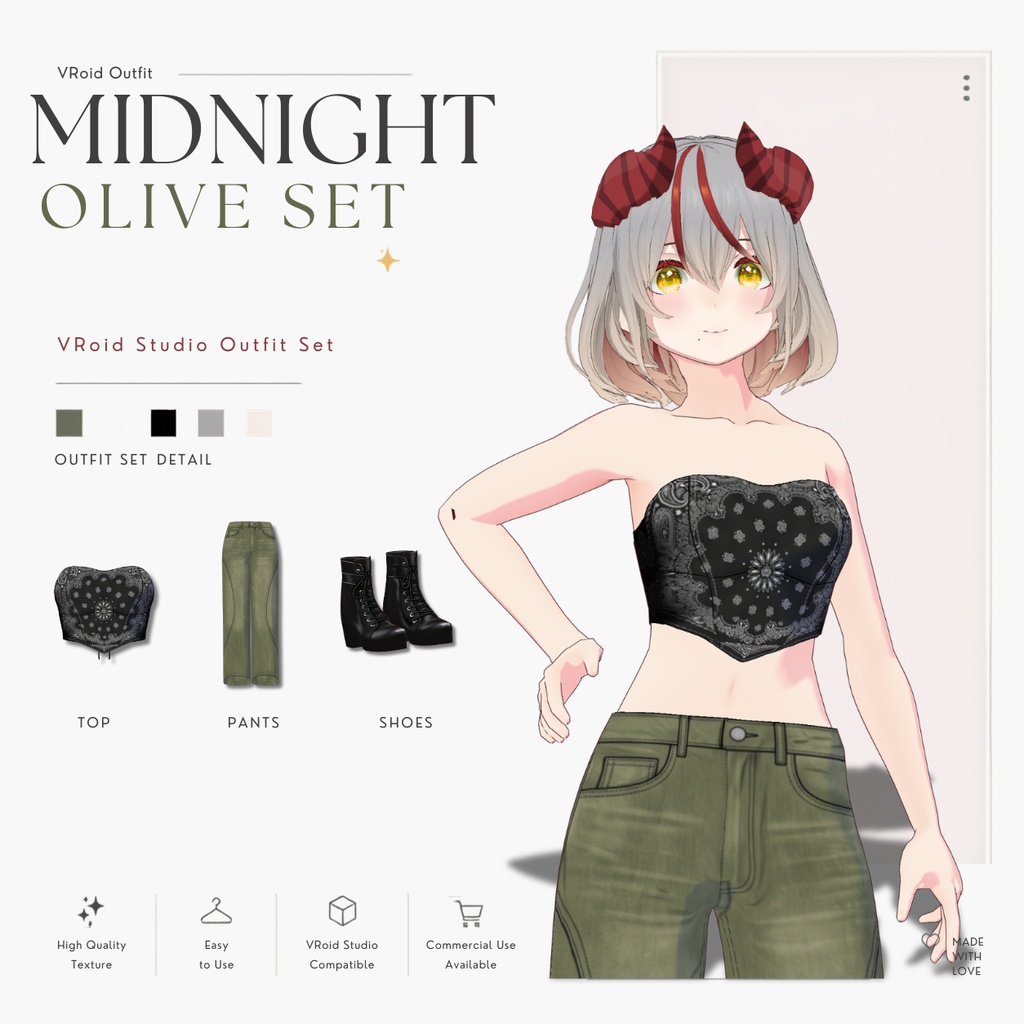 【VRoid正式版】Midnight Olive Set|Daily Set VRoid Studio Outfit | Customitem| Edgy Outfit| Chic Set Outfit|Vtuber Outfit | Virtual Fashion| Virtual Youtuber| Sport Outfit