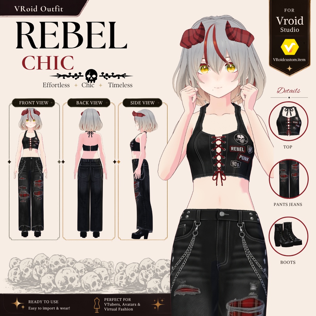 【VRoid正式版】Rebel Chic Outfit |Daily Set VRoid Studio Outfit | Customitem| Edgy Outfit| Chic Set Outfit|Vtuber Outfit | Virtual Fashion| Virtual Youtuber| Rebel Outfit