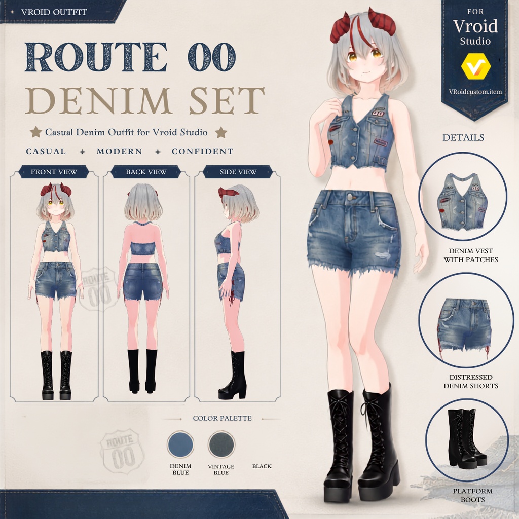 【VRoid正式版】Urban Denim Muse Set|Daily Set VRoid Studio Outfit | Customitem| Edgy Outfit| Chic Set Outfit|Vtuber Outfit | Virtual Fashion| Virtual Youtuber| Rebel Outfit