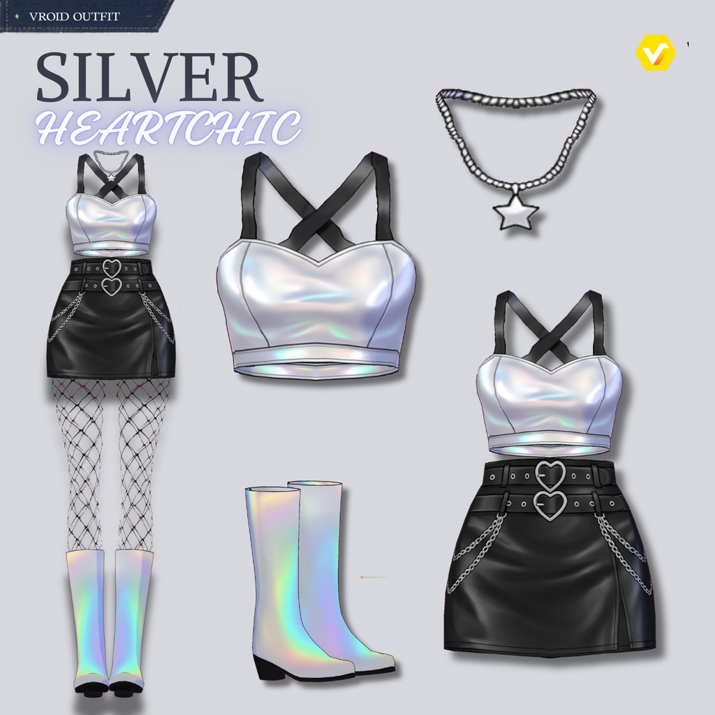【VRoid正式版】Silver Heart Chic |Daily Set VRoid Studio Outfit | Customitem| Edgy Outfit| Chic Set Outfit|Vtuber Outfit | Virtual Fashion| Virtual Youtuber| Rebel Outfit