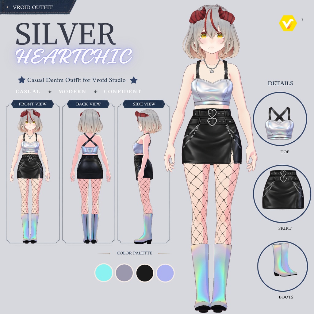 【VRoid正式版】Silver Heart Chic |Daily Set VRoid Studio Outfit | Customitem| Edgy Outfit| Chic Set Outfit|Vtuber Outfit | Virtual Fashion| Virtual Youtuber| Rebel Outfit