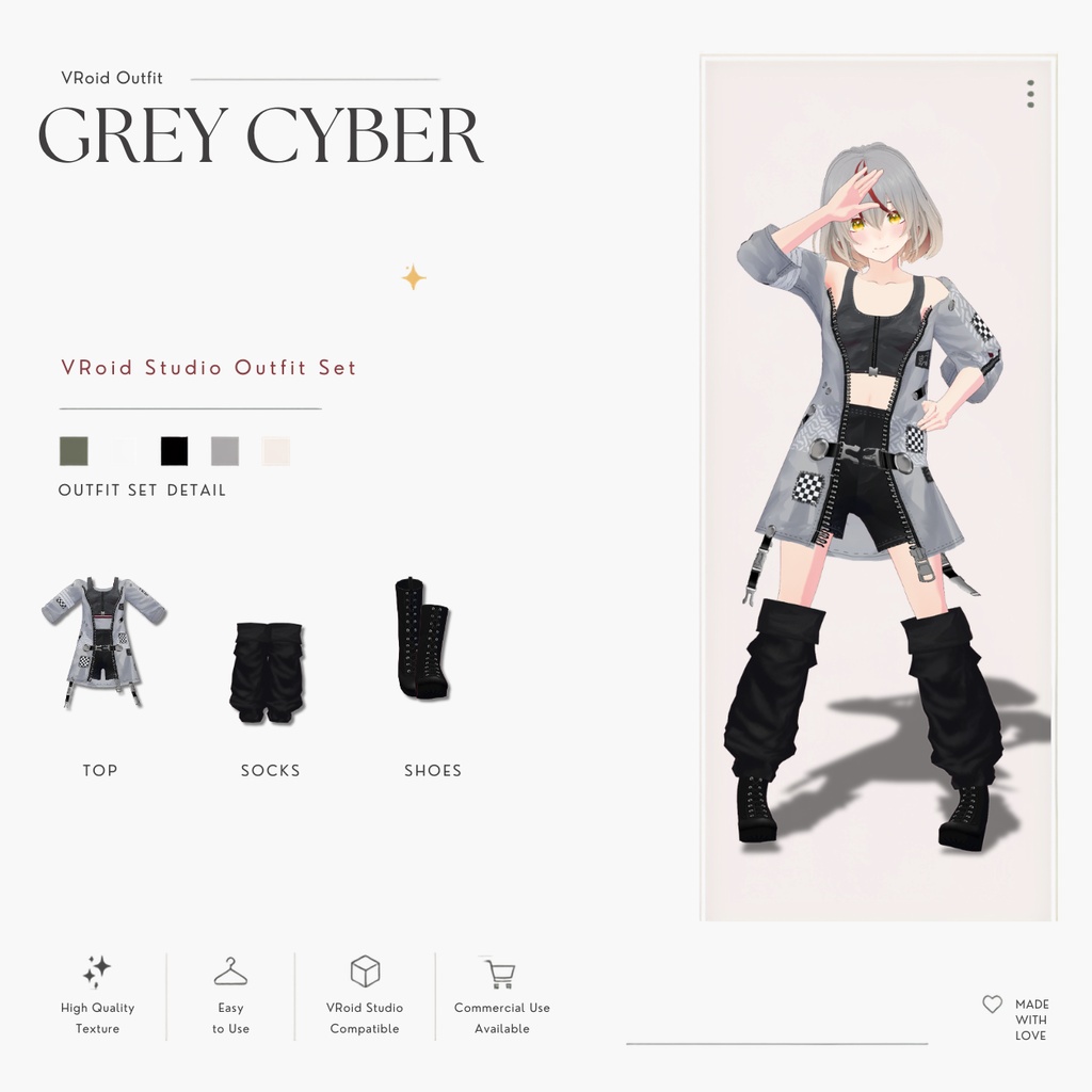 Grey Cyber Outfit – VRoid Studio向けサイバーストリートウェアセット