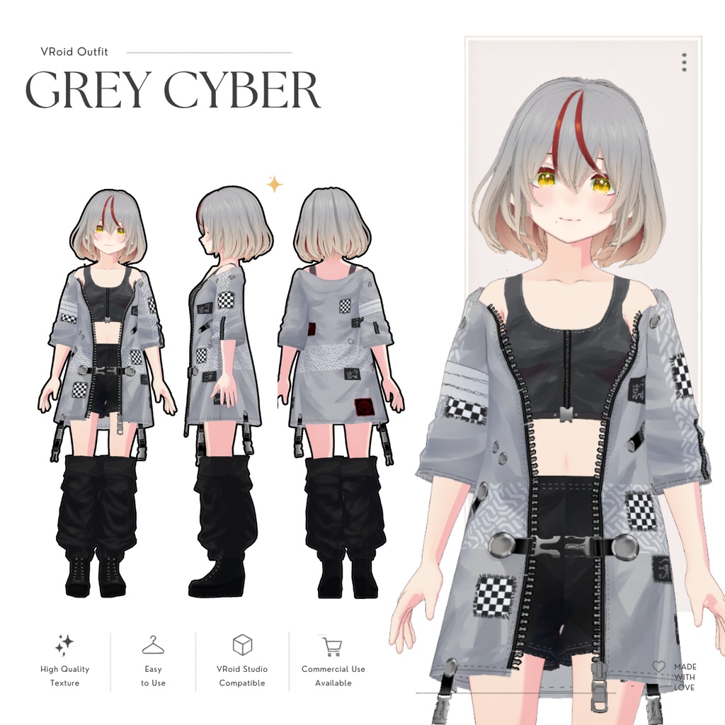 Grey Cyber Outfit – VRoid Studio向けサイバーストリートウェアセット