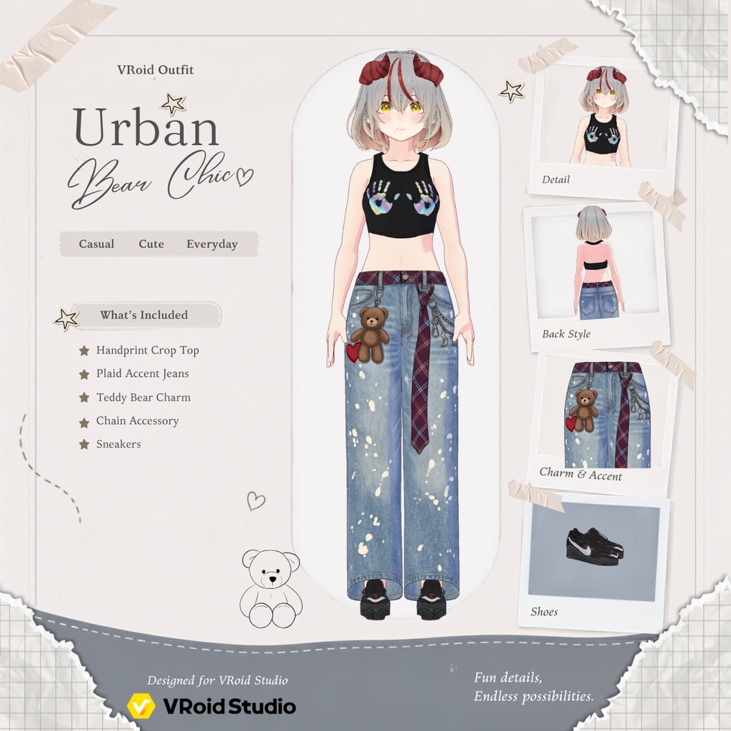 【VRoid正式版】Urban Bear Chic|Daily Set VRoid Studio Outfit | Customitem| Edgy Outfit| Chic Set Outfit|Vtuber Outfit | Virtual Fashion| Virtual Youtuber| Rebel Outfit
