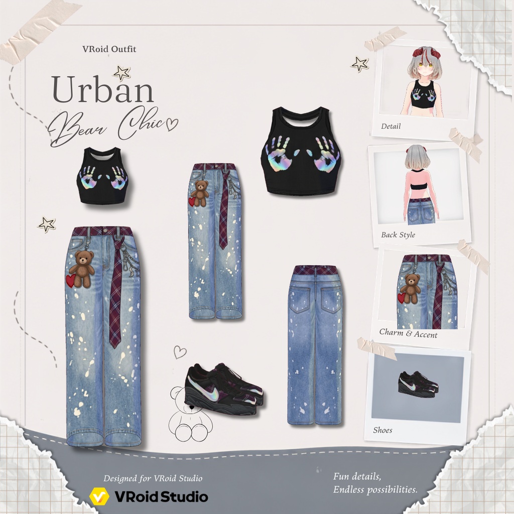 【VRoid正式版】Urban Bear Chic|Daily Set VRoid Studio Outfit | Customitem| Edgy Outfit| Chic Set Outfit|Vtuber Outfit | Virtual Fashion| Virtual Youtuber| Rebel Outfit