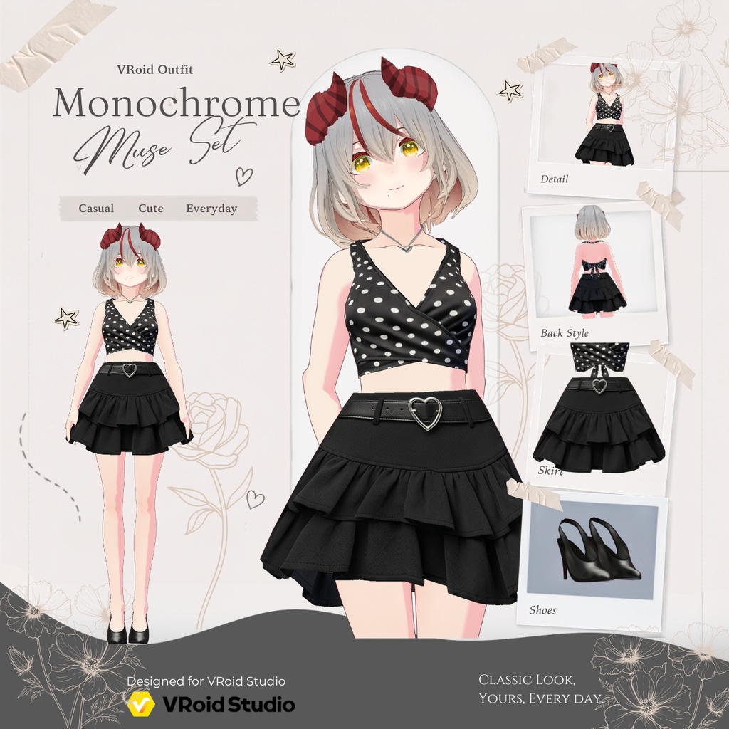 【VRoid正式版】Monochrome Muse Set |Daily Set VRoid Studio Outfit | Customitem| Edgy Outfit| Chic Set Outfit|Vtuber Outfit | Virtual Fashion| Virtual Youtuber| Monocrome Outfit